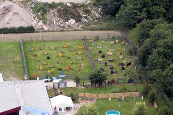 Aerial view of Paintball Arena in the district Minderslachen in Kandel in the state Rhineland-Palatinate, Germany