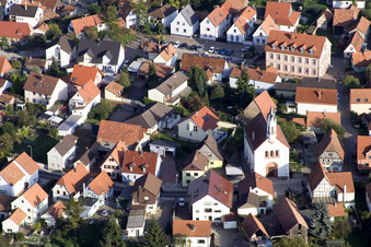 Aerial view of Catholic Church of the Assumption of Mary in the district Maximiliansau in Wörth am Rhein in the state Rhineland-Palatinate, Germany
