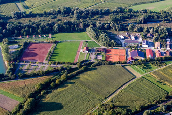 Aerial view of Sports fields of the football club Neuburg 1923 eV in Neuburg am Rhein in the state Rhineland-Palatinate, Germany