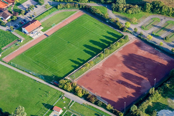 Aerial photograpy of Sports fields of the football club Neuburg 1923 eV in Neuburg am Rhein in the state Rhineland-Palatinate, Germany