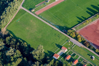 Oblique view of Sports fields of the football club Neuburg 1923 eV in Neuburg am Rhein in the state Rhineland-Palatinate, Germany