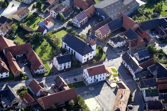 Aerial view of Church building in the village of in Salmbach in Grand Est, France