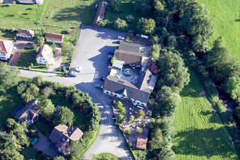 Waldgasthof Bienwaldmühle in Scheibenhardt in the state Rhineland-Palatinate, Germany viewn from the air