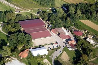 Riding stable in Neewiller-près-Lauterbourg in the state Bas-Rhin, France seen from above