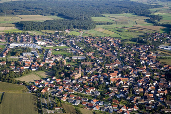 Aerial view of Church building in the village of in the district Rheinbischofsheim in Rheinau in the state Baden-Wurttemberg, Germany