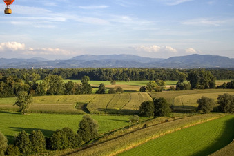 Aerial view of Balloon launch at Legelshurst in the district Legelshurst in Willstätt in the state Baden-Wuerttemberg, Germany