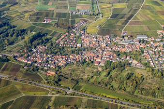 Aerial view of Wine-growing village from the south in Siebeldingen in the state Rhineland-Palatinate, Germany