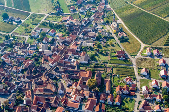 Wine-growing village between vineyards from the east in Birkweiler in the state Rhineland-Palatinate, Germany