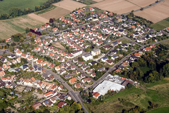 Town View of the streets and houses of the residential areas in Billigheim-Ingenheim in the state Rhineland-Palatinate from above