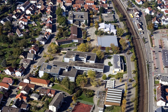 Aerial photograpy of School building of the Ludwig-Marum-Gymnasium Pfinztal in the district Berghausen in Pfinztal in the state Baden-Wurttemberg