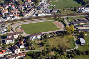 Drone image of School building of the Ludwig-Marum-Gymnasium Pfinztal in the district Berghausen in Pfinztal in the state Baden-Wurttemberg