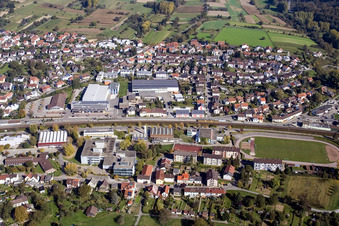 School building of the Ludwig-Marum-Gymnasium Pfinztal in the district Berghausen in Pfinztal in the state Baden-Wurttemberg from the drone perspective
