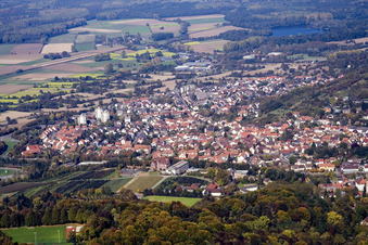 Aerial view of Town View of the streets and houses of the residential areas in the district Groetzingen in Karlsruhe in the state Baden-Wurttemberg