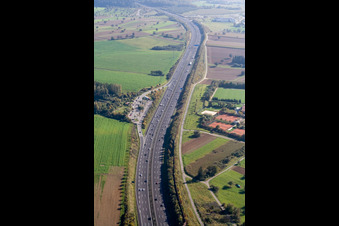 Routing and traffic lanes during the motorway service station and parking lot of the BAB A 8 in the district Hohenwettersbach in Karlsruhe in the state Baden-Wurttemberg