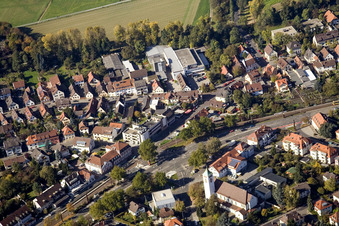 Aerial view of Christ the King Church in the district Rüppurr in Karlsruhe in the state Baden-Wuerttemberg, Germany