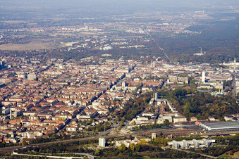 From the south in the district Südweststadt in Karlsruhe in the state Baden-Wuerttemberg, Germany