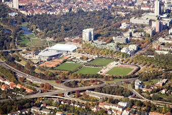 Aerial view of Europahalle in the district Südweststadt in Karlsruhe in the state Baden-Wuerttemberg, Germany