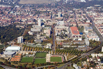 Aerial photograpy of Europahalle in the district Südweststadt in Karlsruhe in the state Baden-Wuerttemberg, Germany