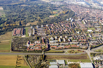 From the east in the district Daxlanden in Karlsruhe in the state Baden-Wuerttemberg, Germany