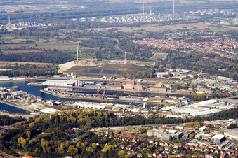 Daxlanden and harbor from the southeast in the district Mühlburg in Karlsruhe in the state Baden-Wuerttemberg, Germany
