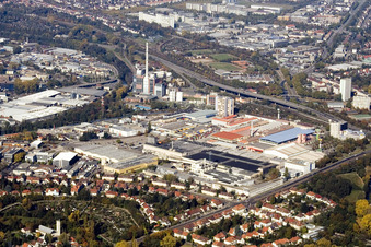 Daxlanden and harbor from the southeast in the district Grünwinkel in Karlsruhe in the state Baden-Wuerttemberg, Germany