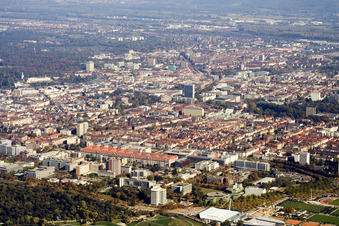 Aerial view of District Südweststadt in Karlsruhe in the state Baden-Wuerttemberg, Germany