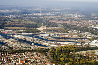 Rhine harbor from the south in the district Mühlburg in Karlsruhe in the state Baden-Wuerttemberg, Germany