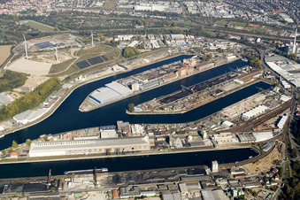 Oblique view of Rhine harbor in the district Mühlburg in Karlsruhe in the state Baden-Wuerttemberg, Germany