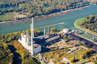Aerial photograpy of Power plants and exhaust towers of coal power station EnBW Energie Baden-Wuerttemberg AG, Rheinhafen-Dampfkraftwerk Karlsruhe in the district Daxlanden in Karlsruhe in the state Baden-Wurttemberg, Germany