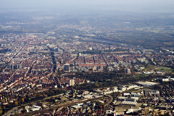 From the west in the district Südweststadt in Karlsruhe in the state Baden-Wuerttemberg, Germany