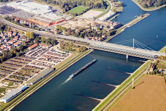 Bird's eye view of Rail and Street bridges construction across the Rhine river between Karlsruhe and Woerth am Rhein in the state Rhineland-Palatinate, Germany