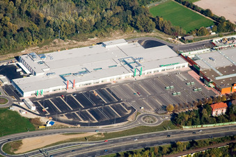 Oblique view of Maximilian Center retail park in the district Maximiliansau in Wörth am Rhein in the state Rhineland-Palatinate, Germany