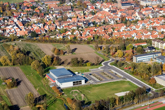 Drone image of Bienwald Hall in Kandel in the state Rhineland-Palatinate, Germany