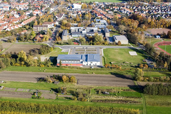 Drone recording of Bienwald Hall Kandel in Kandel in the state Rhineland-Palatinate, Germany