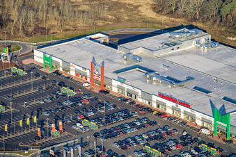 Market baptism in the Maximilian Center in the district Maximiliansau in Wörth am Rhein in the state Rhineland-Palatinate, Germany from above