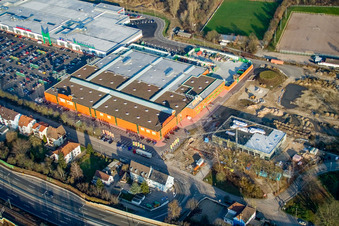 Globus hardware store in the Maximilian Center in the district Maximiliansau in Wörth am Rhein in the state Rhineland-Palatinate, Germany from the plane