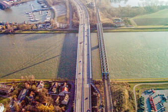 Aerial view of Rhine bridges to Maxau in the district Maximiliansau in Wörth am Rhein in the state Rhineland-Palatinate, Germany