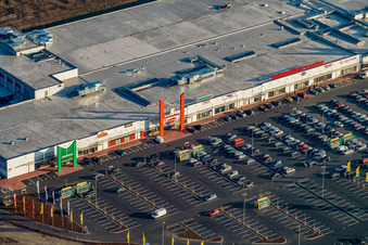 Market baptism in the Maximilian Center in the district Maximiliansau in Wörth am Rhein in the state Rhineland-Palatinate, Germany seen from a drone