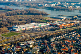 Aerial view of Retail park with Marktkauf and Globus hardware store in the Maximilian Center in the district Maximiliansau in Wörth am Rhein in the state Rhineland-Palatinate, Germany