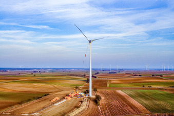 Wind turbines in Offenbach an der Queich in the state Rhineland-Palatinate, Germany from above