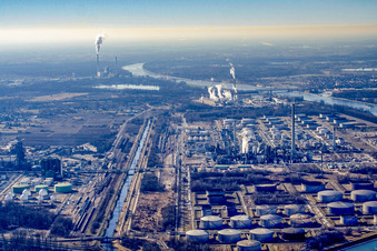 Aerial view of MIRO oil refineries in the N of Knielingen in the district Knielingen in Karlsruhe in the state Baden-Wuerttemberg, Germany