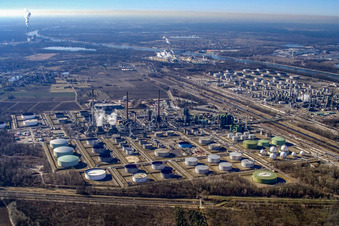 Oblique view of MIRO oil refineries in the N of Knielingen in the district Knielingen in Karlsruhe in the state Baden-Wuerttemberg, Germany