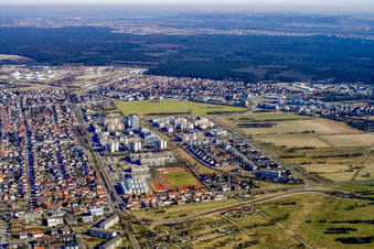 Oblique view of District from the south in the district Neureut in Karlsruhe in the state Baden-Wuerttemberg, Germany