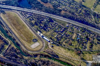 Aerial view of Knielinger horse racing track in the district Knielingen in Karlsruhe in the state Baden-Wuerttemberg, Germany