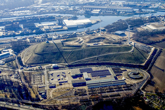 Oblique view of Power plants and exhaust towers of coal power station EnBW Energie Baden-Wuerttemberg AG, Rheinhafen-Dampfkraftwerk Karlsruhe in the district Daxlanden in Karlsruhe in the state Baden-Wurttemberg, Germany