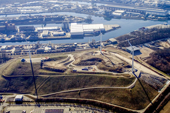 Power plants and exhaust towers of coal power station EnBW Energie Baden-Wuerttemberg AG, Rheinhafen-Dampfkraftwerk Karlsruhe in the district Daxlanden in Karlsruhe in the state Baden-Wurttemberg, Germany from above