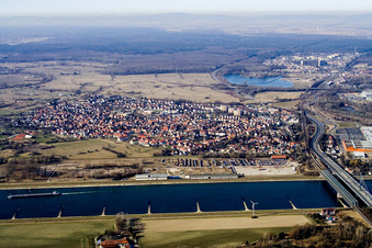Aerial view of From the east in the district Maximiliansau in Wörth am Rhein in the state Rhineland-Palatinate, Germany