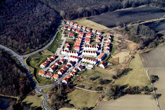Aerial view of Fuchsäcker new development area from the east in Wörth am Rhein in the state Rhineland-Palatinate, Germany
