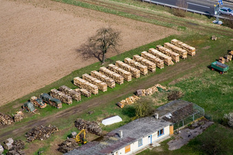 Aerial view of Firewood storage in Erlenbach bei Kandel in the state Rhineland-Palatinate, Germany