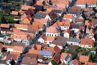 Aerial view of Protestant Church in Offenbach an der Queich in the state Rhineland-Palatinate, Germany
